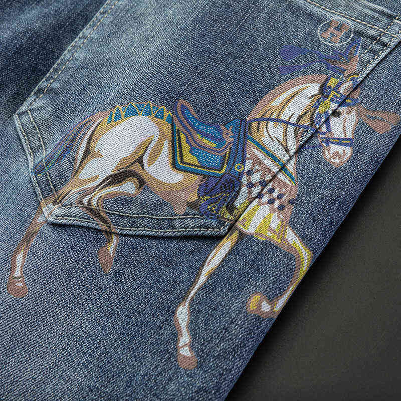 Spring Summer Brand Jeans Men's Elastic Korean Version Slim Fitting Feet Golden Horse Printed Blue Pants