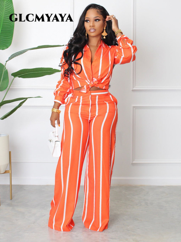 CMYAYA Street Striped Women Set Long Sleeve Shirt and Straight Pants Suit Elegant Chic Tracksuit Two Piece Set Fitness Outfit 220817