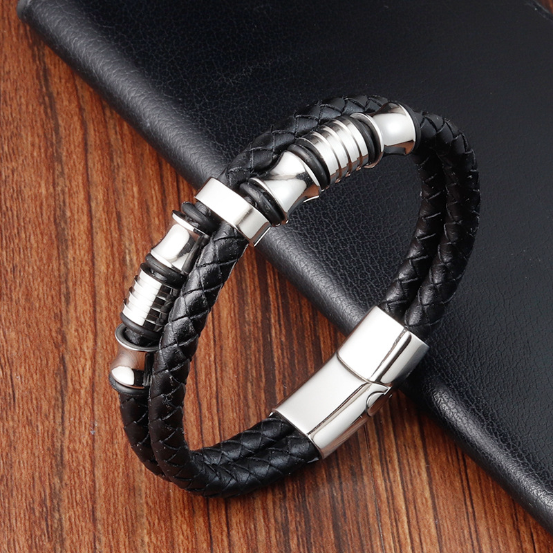 Punk Style Stainless Steel Charm Bracelet MultiLayered Genuine Leather Bracelets