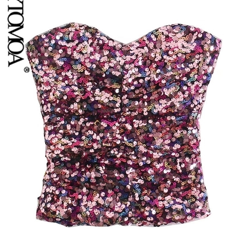KPYTOMOA Women Sexy Fashion Shiny Sequin Crop Tank Tops Vintage Sweetheart Neck Back Elastic Female Camis Mujer 220325