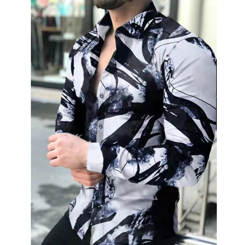Men's Slim Shirt Autumn Casual Turn-down Collar Streetwear Fashion Together Printed Long Sleeve Oversize For Men Tops 220322