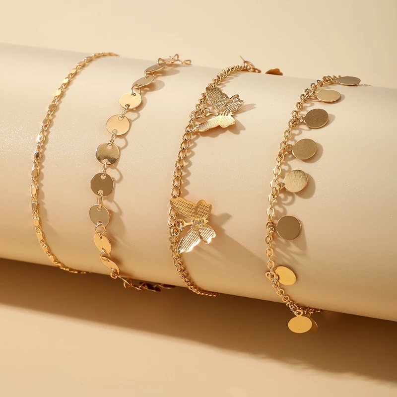 Tocona 4pcs/sets Trendy Butterfly Tassel Anklets for Women Charms Gold Color Alloy Metal Foot Chain Bohemian Jewelry