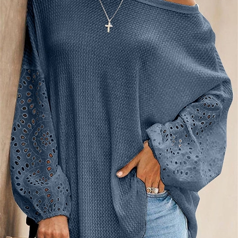 Elegant Lace Long Sleeve Shirt Women Vintage Hollow Out O-Neck Solid Tops Autumn Female Casual Top T-Shirt 220328