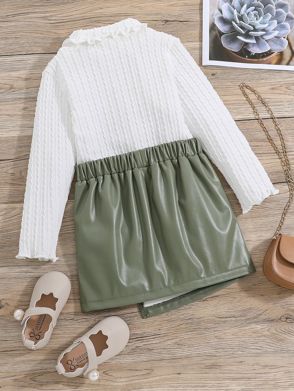 Toddler Girls High Neck Lettuce Trim Tee & PU Skirt SHE