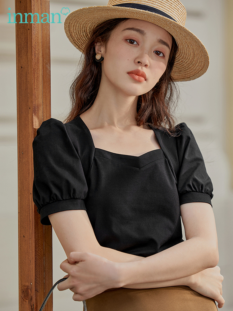 INMAN Womens Tshirt Elegant Fashion Woman Blouses Square Collar Clothes Short Puff Sleeve Pure Color Top Women 220527