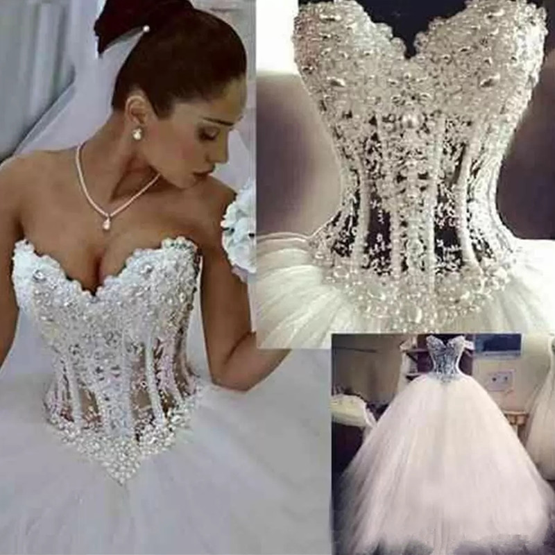Arabic Sweetheart Corset See Through Princess Bridal Gowns Beaded Lace Pearls Custom Made Ball Gown Wedding Dresses Vestido De Noiva
