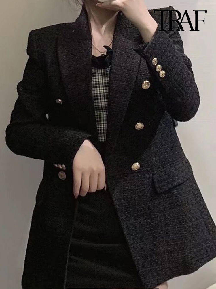 Fashion TRAF With Women Metal Button Tweed Blazer Coat Vintage Long Sleeve Flap Pockets Female Outerwear Chic Veste 2