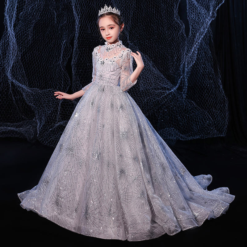 2022 Cheap Sliver Flower Girl for Weddings Lace Long Sleeve Pageant Dresses First Communion Dress Little Girls Prom Ball Gown