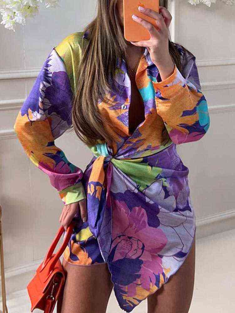 Women Sexy Satin Printed Dress 2022 Summer Fashion Ladies High Street Lace Up Dress Female Deep V Neck Lantern Sleeve Mini Robe T220818