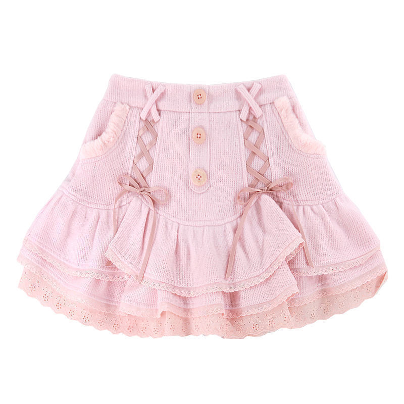 HOUZHOU Kawaii Lolita Mini Skirts Women Autumn Winter Fairycore Japanese Sweet High Waist Bandage Lace Pink Ruffle Layer Skirt 220317