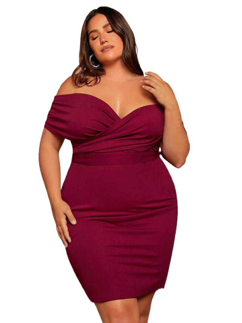 Plus Size Dresses Off Shoulder Ruched Tie Back Bodycon Dress E2r0#Plus, Maroon