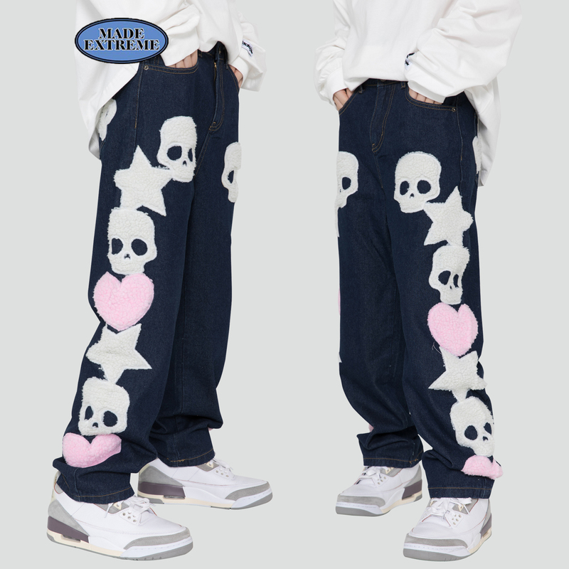 BLACKAIR skulls pattern baggy jeans skeleton embroidery for men hip hop high street cargo black DY815 220328