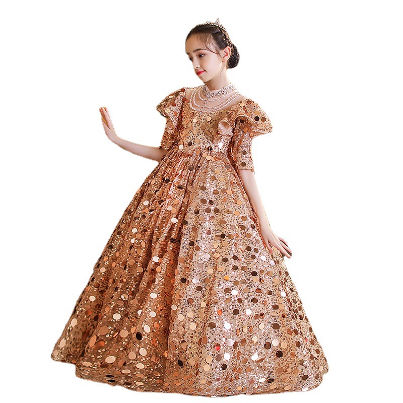 2023 Bling Crystal Flower Girls Dresses For Teens Tulle Floor Length Beach Gold sequined Girl Pageant Party Gowns Tulle Skirt Formal Kids Wear