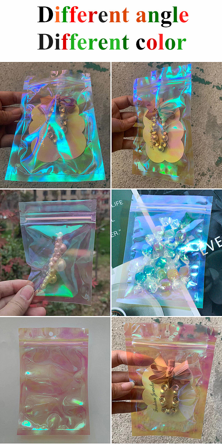 100pcs Cute Rainbow Film Laser Self Sealing Packaging Bags Resealable Jewelry Trinkets Nail Beauty Eyelashes Beads Snack Coffee Beans Hanging Hologaph