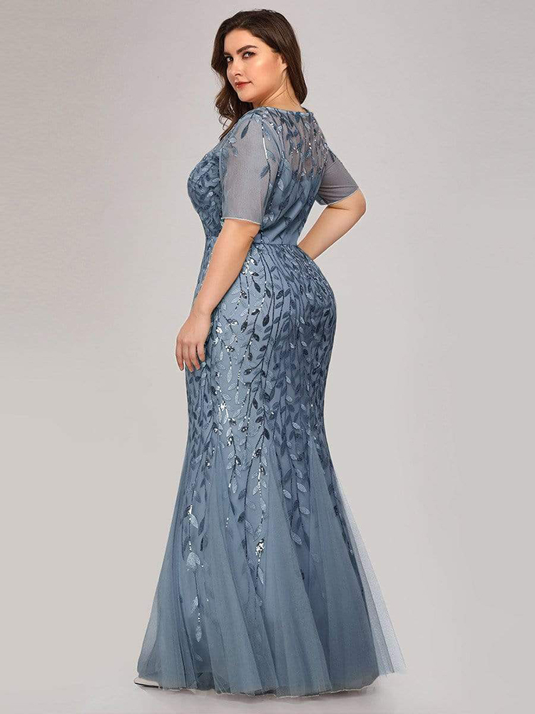 Plus Size Sequin Mesh Mermaid Slim Evening Dress Beaded Leaves Pattern Formal Women Elegant Party Prom Gowns Short Sleeve 220510
