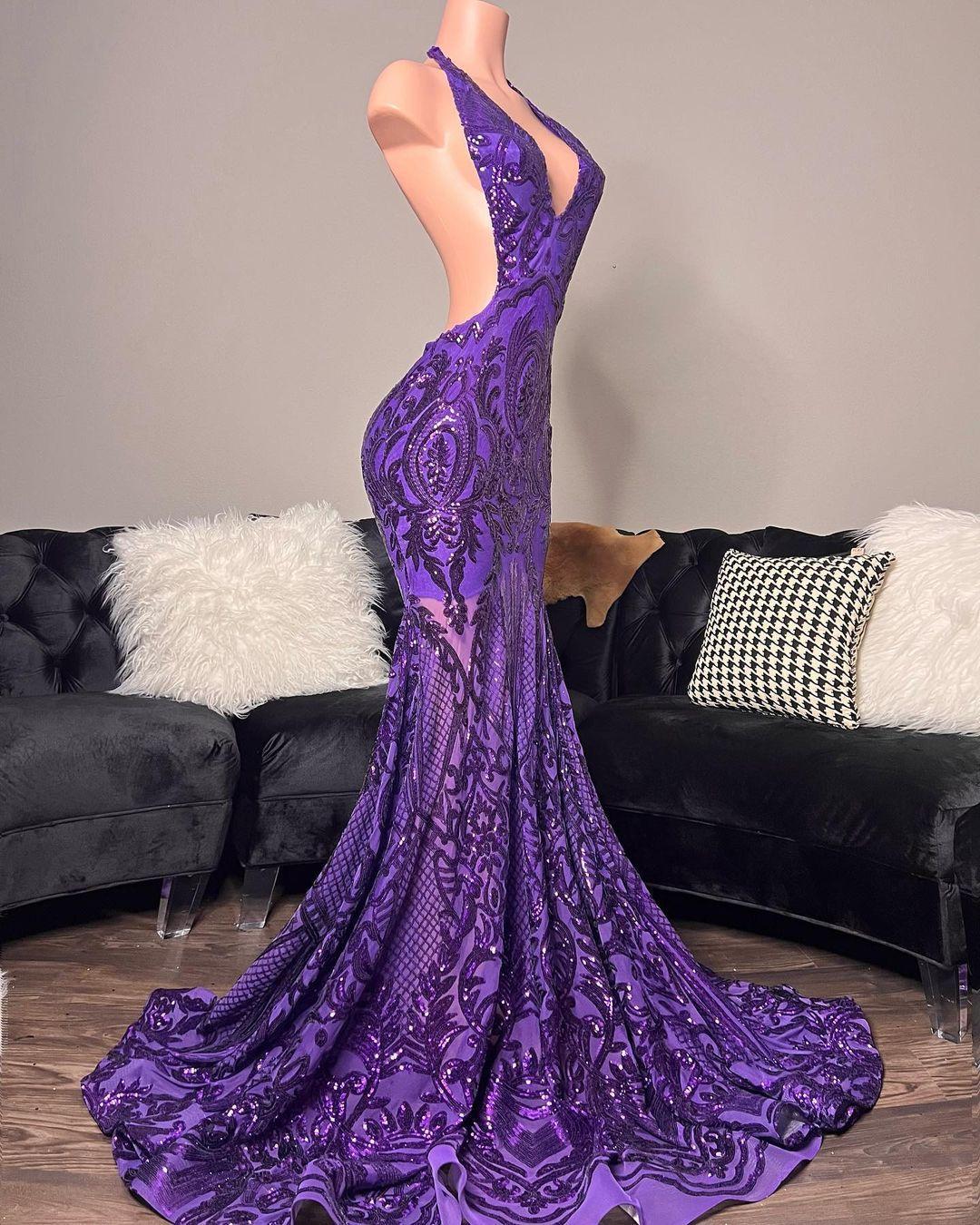 Sexy Halter Neck Purple Halter Prom Dresses Lace Appliques Sequined Evening Dress black girls Sleeveless Long Train Floor Length Formal Party Gown