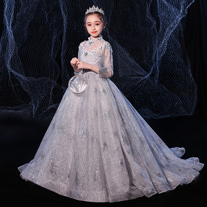 2022 Cheap Sliver Flower Girl for Weddings Lace Long Sleeve Pageant Dresses First Communion Dress Little Girls Prom Ball Gown