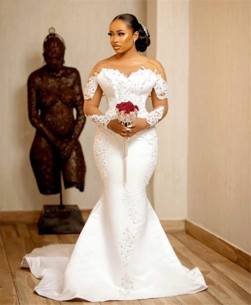 Ebi Mermaid Aso Wedding Dresses With Sheer Neck Illusion Long Sleeves Bridal Dress Lace Appliques Pearls Vestido De Noiva Bc12953 0219