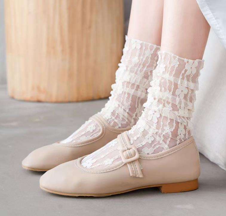 Women Lace Ankle Socks Sheer See Through Slouch Sock Transparent Loose Socks Vintate Floral Midle Stockings