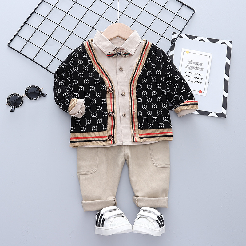 Spring Autumn Baby Toddler Boy Sets Wool Cardigan Sweater+Shirt+Pants 3PC Fashion Children Kids Sport Outfits Clothing 1-4 Years 220507