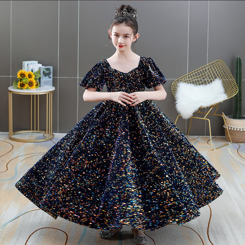 Sparkly Gold Sequins Flower Girls' Dresses Jewel Neck Backless Pageant Ball Gown Royal Blue Little Girl Princess Birthday Party Formal Wear