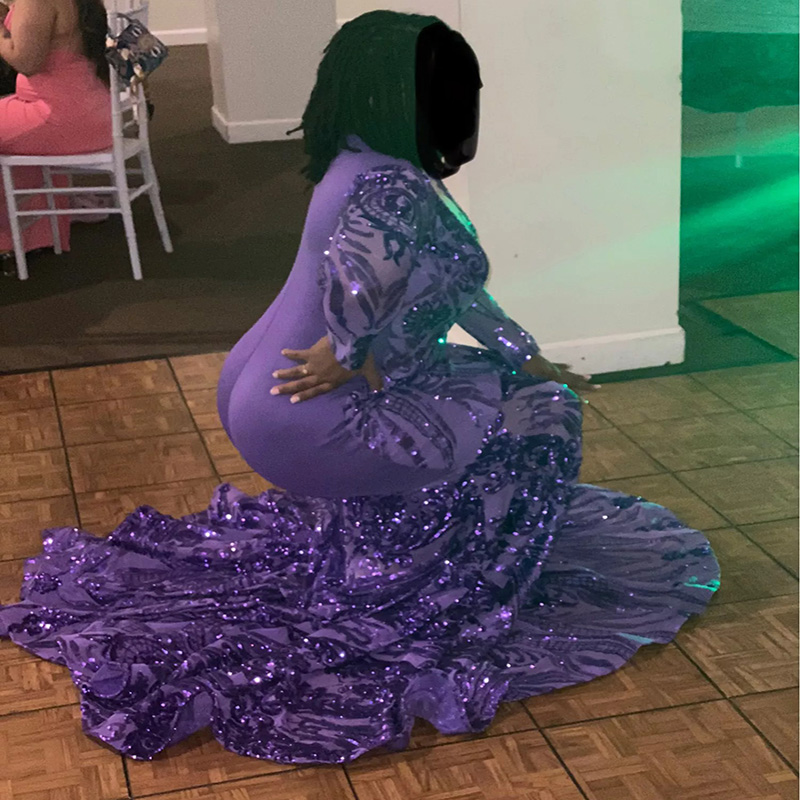 Plus Size Purple Sequin Evening Dress With Long Sleeve Large Mermaid Black Girls Prom Dresses For Women Night Formal Wear Party Women Special Robes De