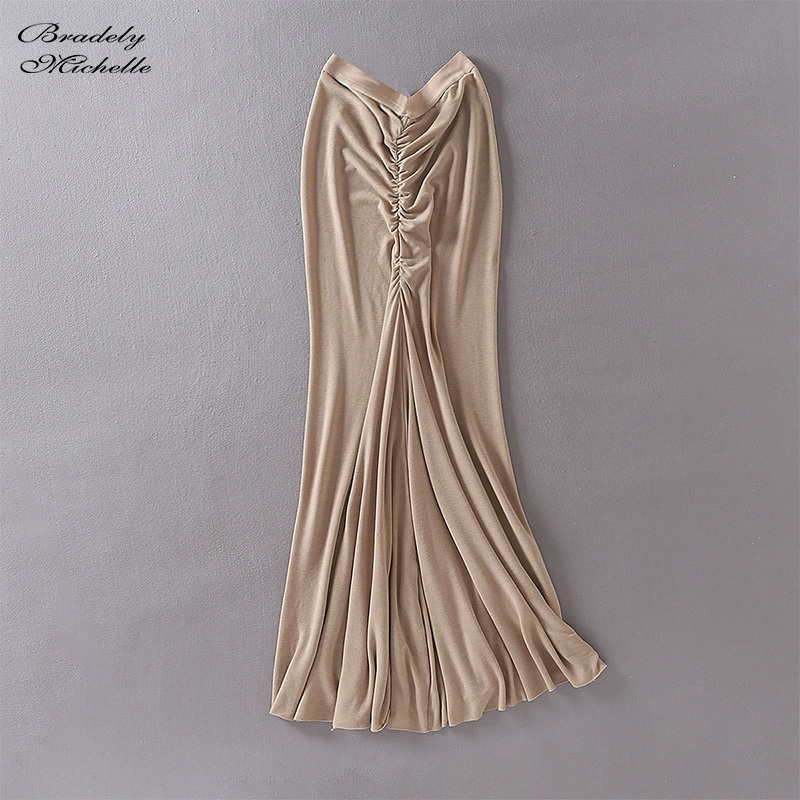 Fashion Women Summer Tight Bodycon Pleated Pencil Skirt Solid Sexy Elastic High-Waist Long 220317