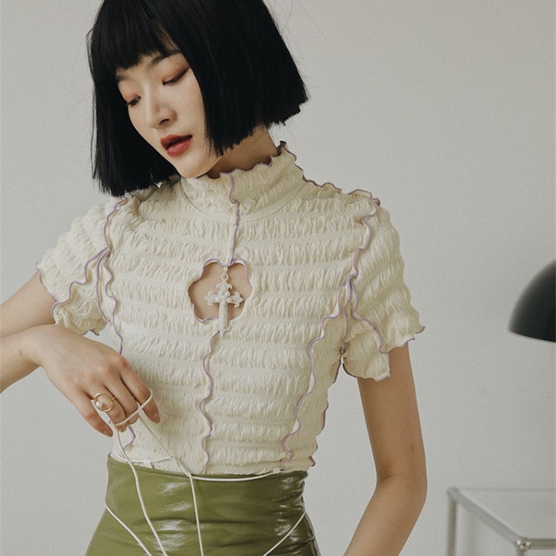 CHEERART Summer Short Sleeve Ruffle Blouse Women Turtleneck Ladies Tops Cut Out Ruched Frilly Top Aesthetic 220527