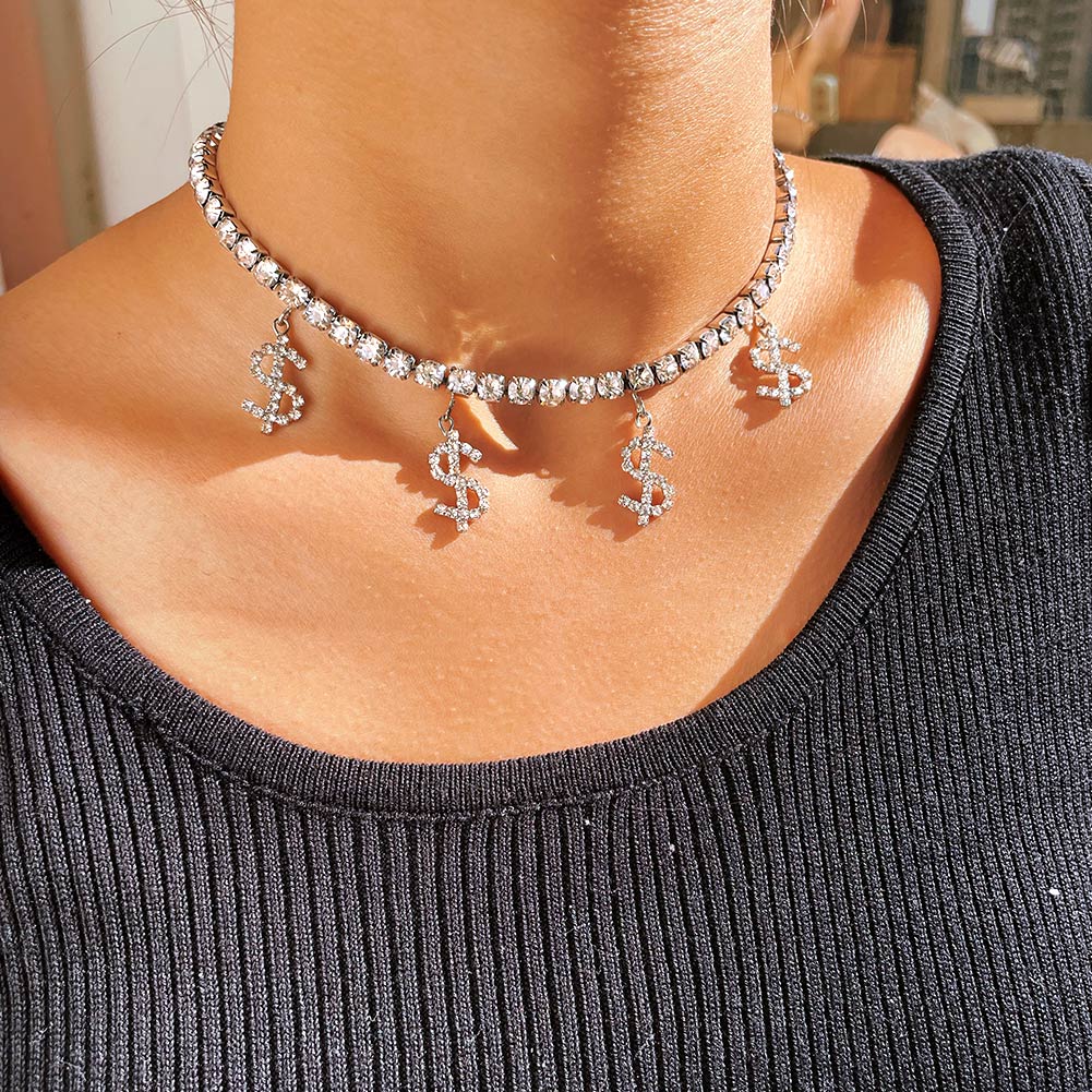 Designer Jewellery High Quality Hip Hop Iced Out Crystal Dollar Sign Pendant Tennis Chain Choker Necklace for Special Occasions Gift Textured Statemen