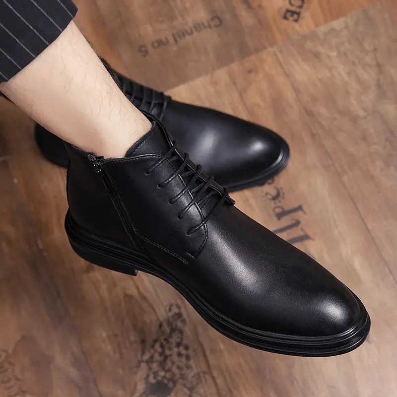 

Martin Boots Men PU Leather Ankle Low-heeled Lace-up Solid Color Fashion Comfortable All-match Classic Business Formal Boots HM440, Clear