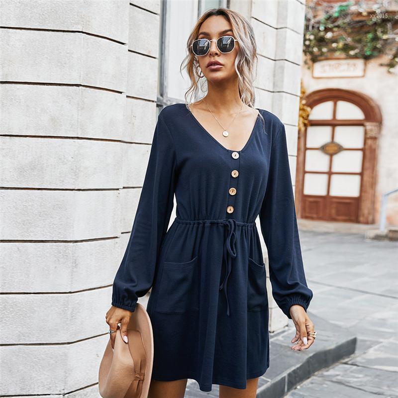 Casual Dresses Autumn Winter V Neck Button Solid Dress Women Waist Drawstring Pockets Full Sleeve Lady, Navy blue
Casual Dresses Autumn Winter V Neck Button Solid Dress Women Waist Drawstring Pockets Full Sleeve Lady, Navy blue