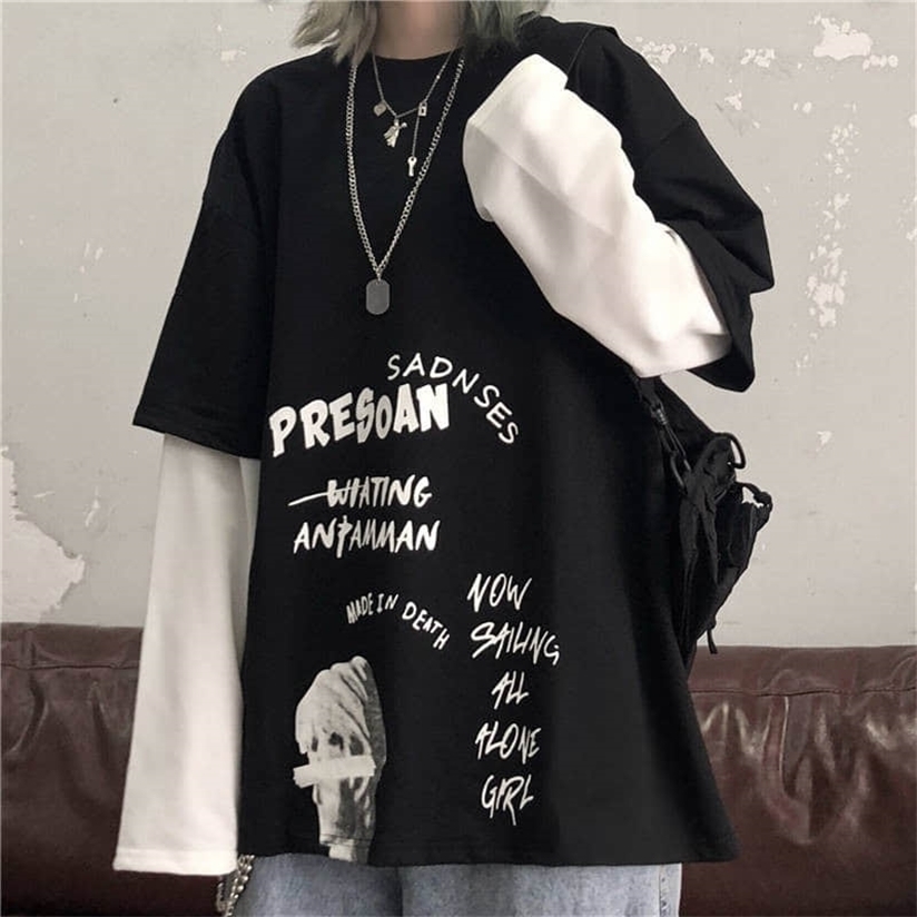 NiceMix Black Letter Print Tshirt Loose Punk T-Shirts Autumn High Street T Shirts Funny Long Sleeve Streetwear Gir 220328