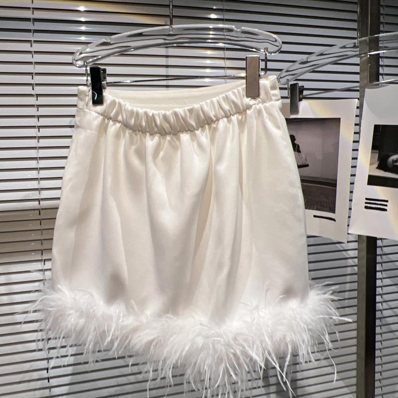 New womens elastic waist solid color ostrich fur bottom patchwork sexy fashion short pencil skirt SML