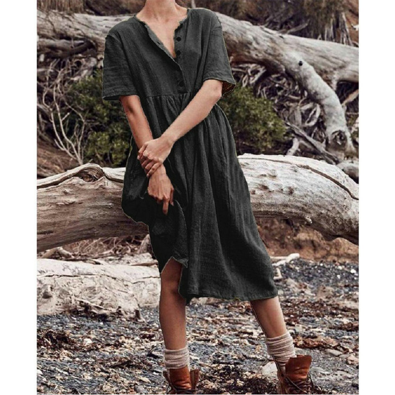 Summer Cotton Linen Midi Dress for Women Plunging Neckline Short Sleeve Long Dresses with Pocket High-Waisted Elegant Skirt