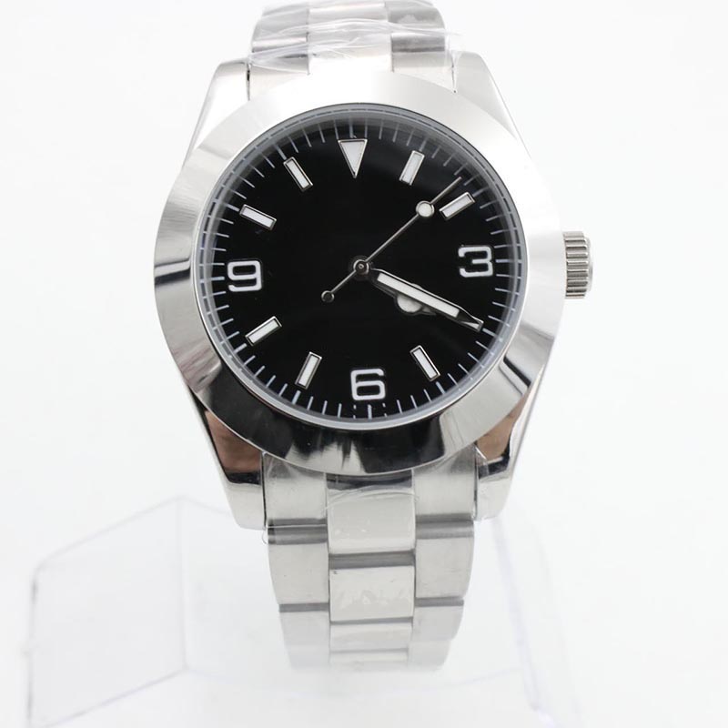 39MM Automatic Mechanical Mens Watch Watches Silver Case Black Dial Fixed Stainless Steel Bezel Minute Markers Around The Outer Rim
39MM Automatic Mechanical Mens Watch Watches Silver Case Black Dial Fixed Stainless Steel Bezel Minute Markers Around The Outer Rim