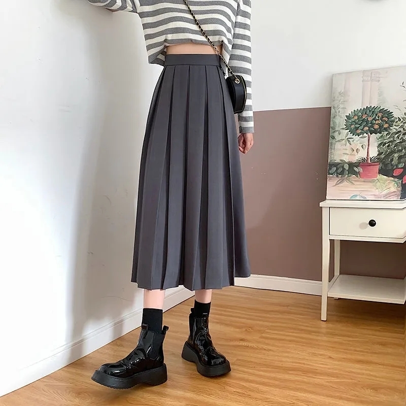 HOUZHOU Vintage Brown Pleated Long Skirts Autumn Women Korean Fashion High Waist Black Elegant A-line Midi Skirt for Girls 220317
