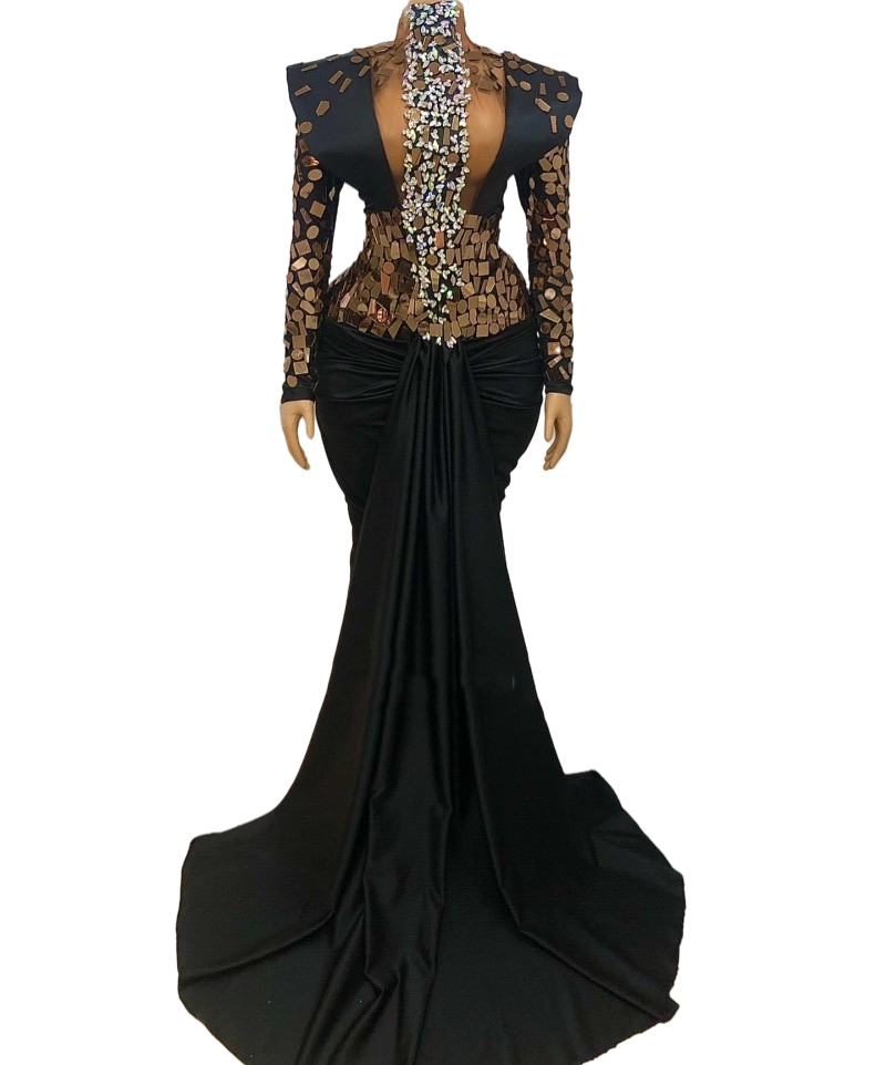 Vestidos Formales Mermaid Evening Dresses Long Sleeves Mirror Crystal Beading African black Party Gowns Women prom Guest Dress