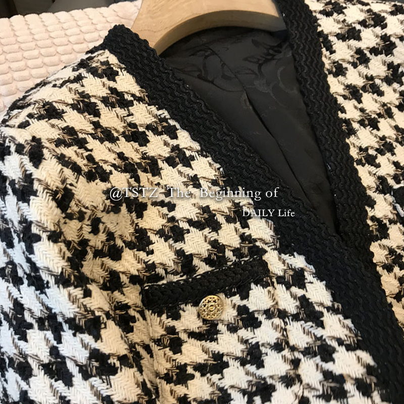 Autumn new womens tweed jacket woolen houndstooth plaid grid color block short coat plus size casacos SMLXL