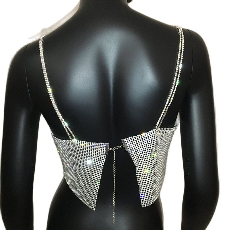 Summer Shiny Crystal Chain Tank Top Silver Halter Metallic Strap Crop Tops Vest Party Clubwear Outfits 220325