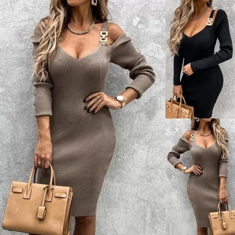 Casual Dresses Women Deep V Neck Long Sleeve Off Shoulder Metal Straps Ribbed Knitted Dress XXXLCasual
