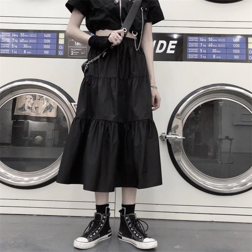 HOUZHOU Gothic Long Skirts Women Black Goth High Waisted Patchwork Midi Skirt Summer Japanese Style Harajuku Punk Streetwear 220317