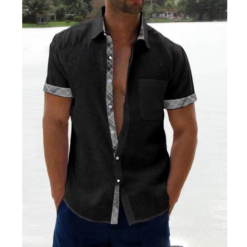 Men's Casual En Short Sleeve Button Up Shirt Summer Loose Comfortable Patchwork Cotton Tee Holiday Beach Wear