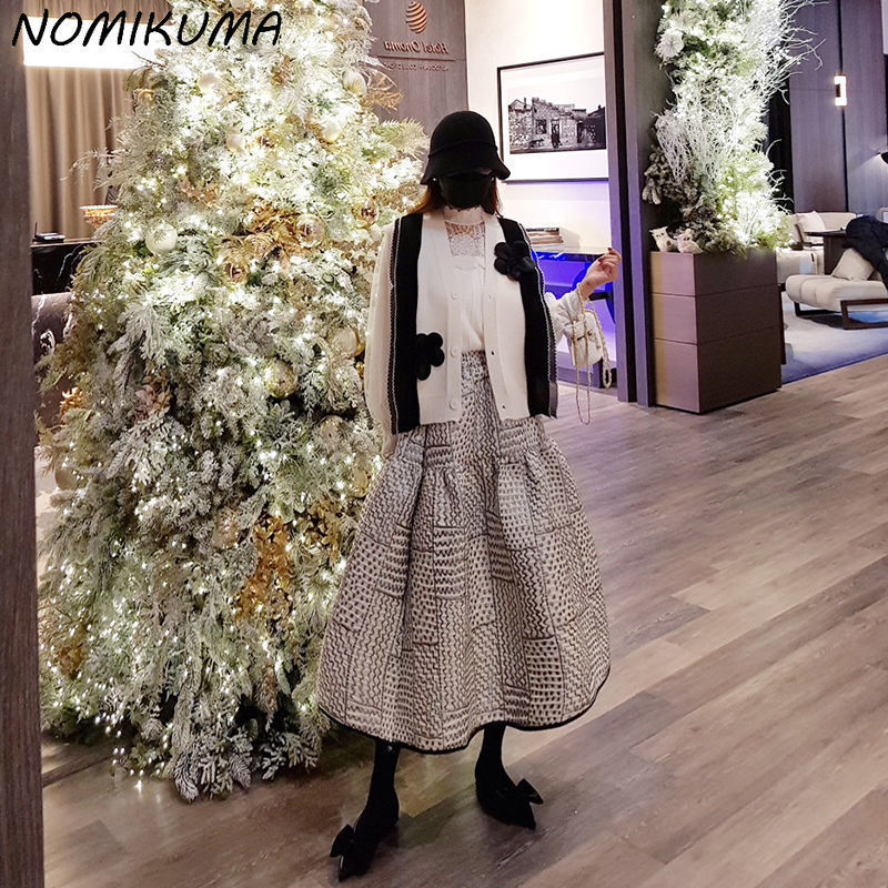 Nomikuma Korea Jacquard Patchwork Woman Skirts Spring Bottoms Fashion High Waist Causal A-line Skirt Faldas Mujer Moda 220322