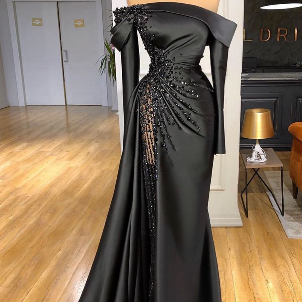 Black Elegant Mermaid Evening Dresses 2024 Off The Shoulder Sheer Pearls Long Sleeves Pleats Ruffles Formal Ocasions Prom Gown Robe de Soiree
