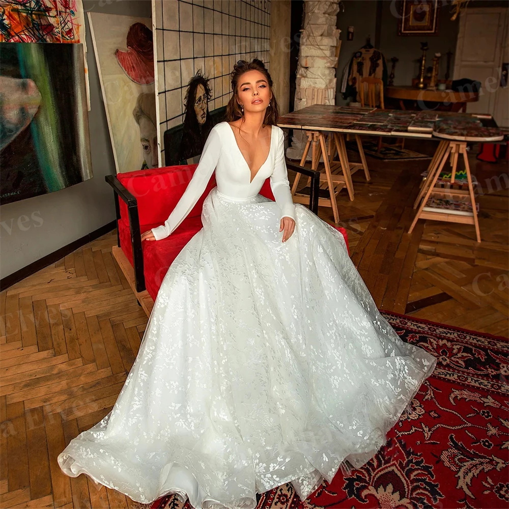 Princess A-e Wedding Dresses Bridal Gowns for Girls Lace Tulle Long Sleeve Satin Strapless Backless Appliques Sequins Court Train robe custom made