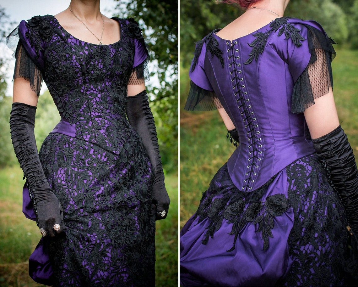 Vintage Purple And Black Victorian Evening Dresses Cap Sleeve Lace Ballroom Prom Gowns 2022 Women Historical Costume Corset Satin Special Occasion Dre
