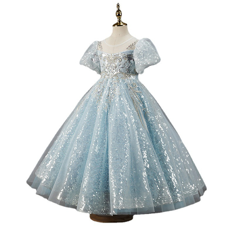 2023 Cute Light Sky Blue Girls Pageant Dresses Princess Tulle Lace sequined Pearls Kids Flower Girl Dress Ball Gown Birthday Gowns Floor Length Hand M
