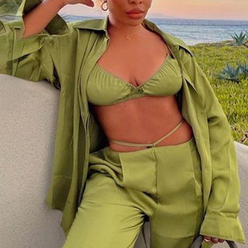 Women' Two Piece Pants Women Solid Satin Three Set Elegant Loose Long Sleeve Coat Female Casual High Waist Wide Leg Pant Suit Womens SuitWo, Green
Women' Two Piece Pants Women Solid Satin Three Set Elegant Loose Long Sleeve Coat Female Casual High Waist Wide Leg Pant Suit Womens SuitWo, Green