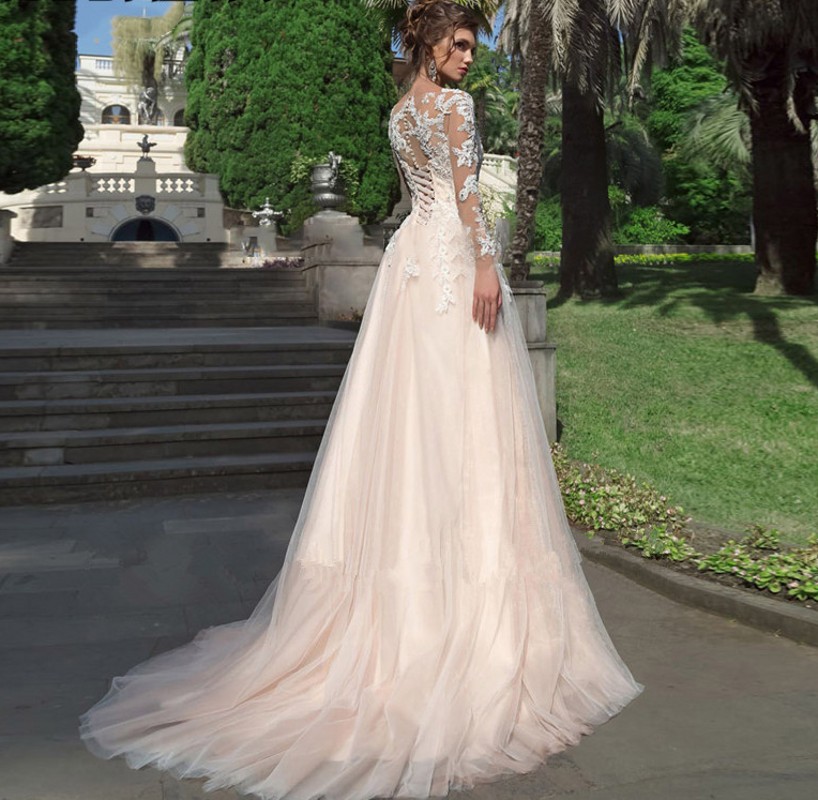 Long Sleeves Tulle Wedding Dress A Line Lace Appliques Bridal Gowns Lace Up Light Champagne Vestido De Noiva Mariage