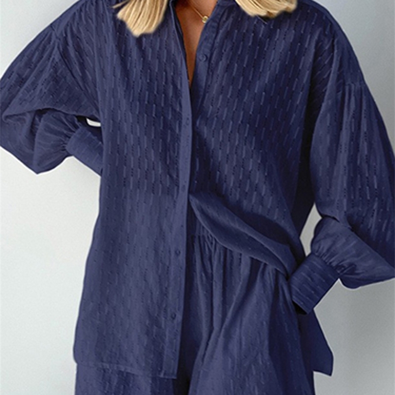 Solid Jacquard Hollow Out Long Sleeve Set Button Shirt Elastic Shorts Loose Women Suit Office Casual Lapel Straight Outfit 220813, 04 light blue
Solid Jacquard Hollow Out Long Sleeve Set Button Shirt Elastic Shorts Loose Women Suit Office Casual Lapel Straight Outfit 220813, 04 light blue